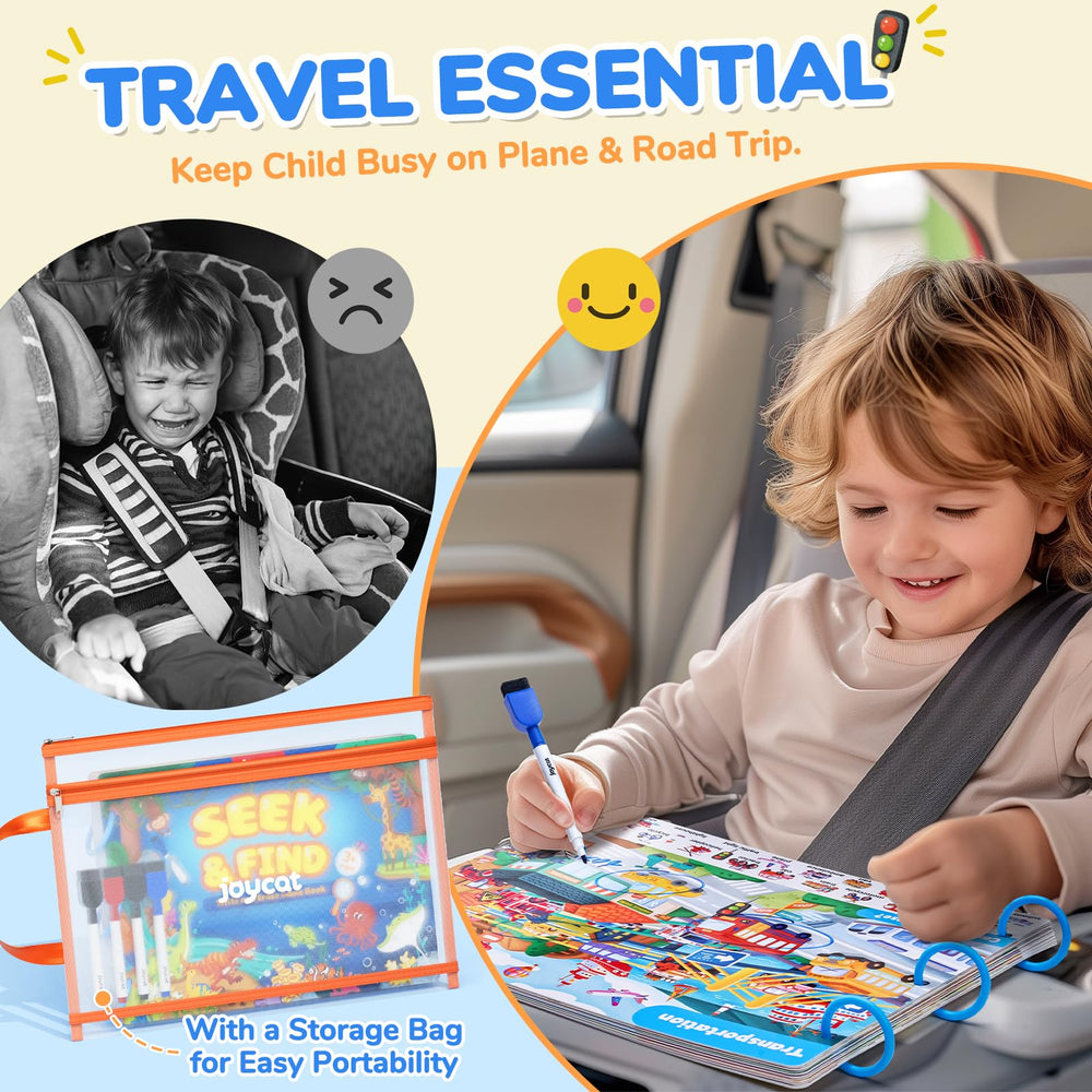 JoyCat Seek & Find Game Books dinosaur world page with interactive spotting challenges