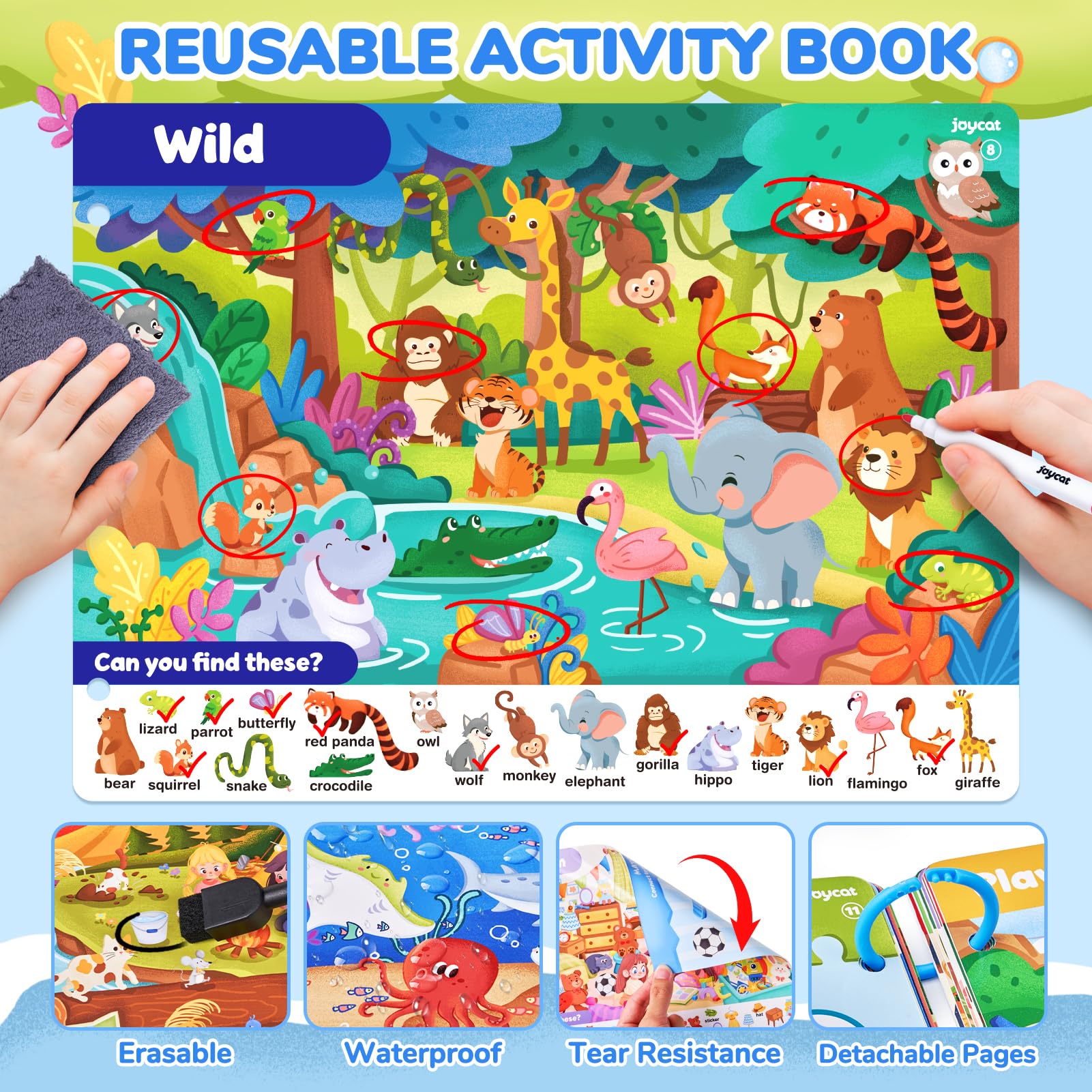 JoyCat Seek & Find pages show themed activities promoting focus and imagination