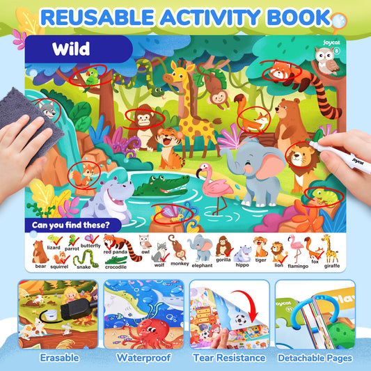 JoyCat Seek & Find pages show themed activities promoting focus and imagination