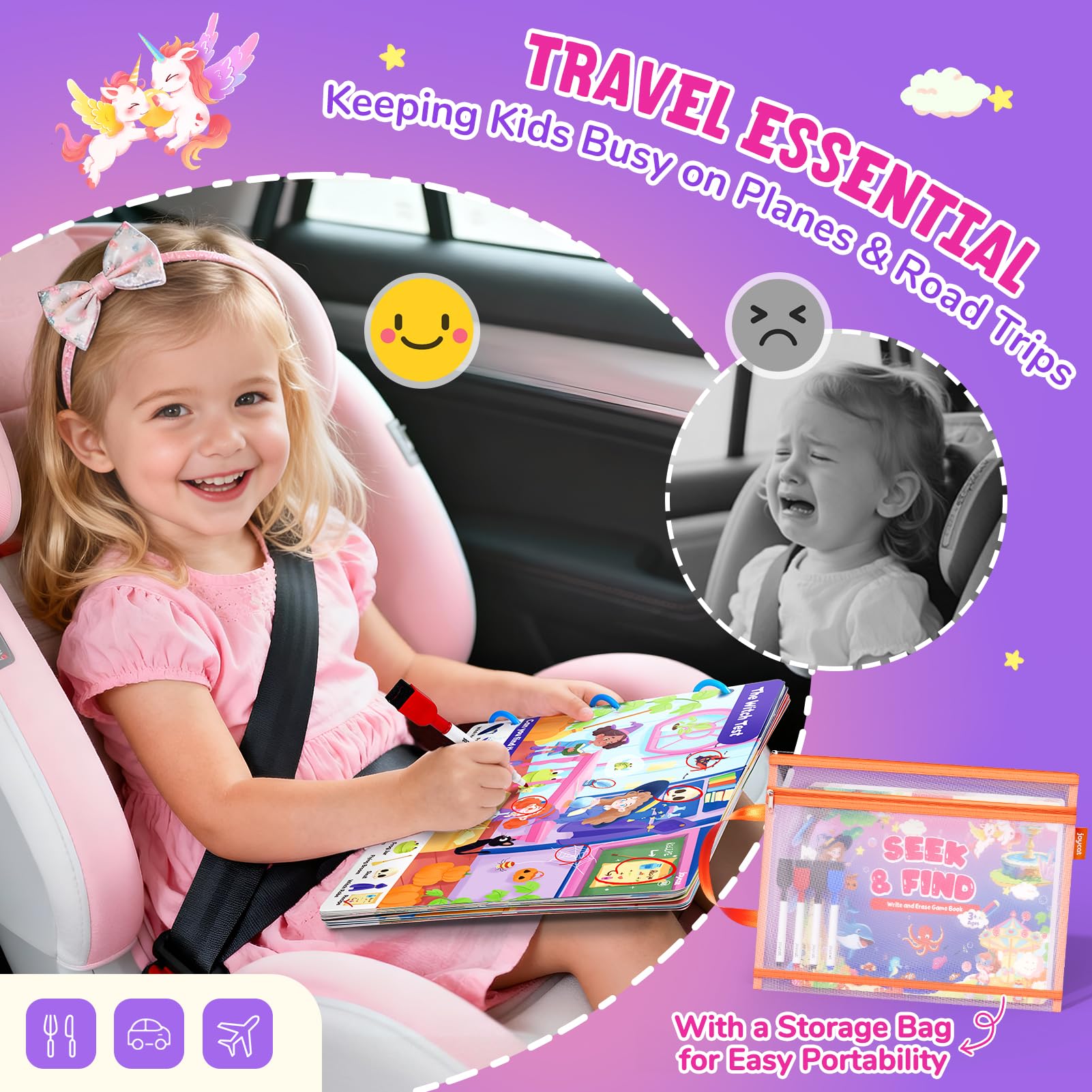 JoyCat Seek & Find reverse-activity pages featuring educational tasks