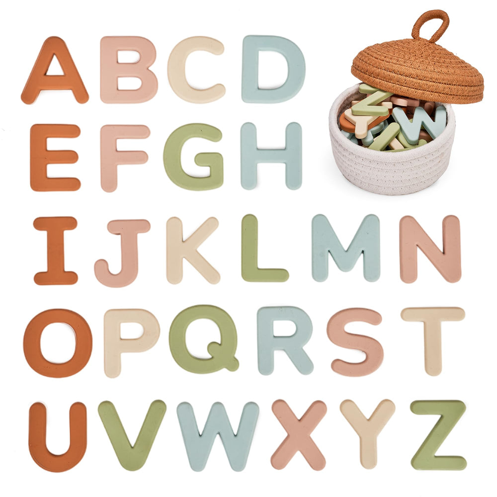 JoyCat silicone alphabet magnets on fridge for early letter learning.