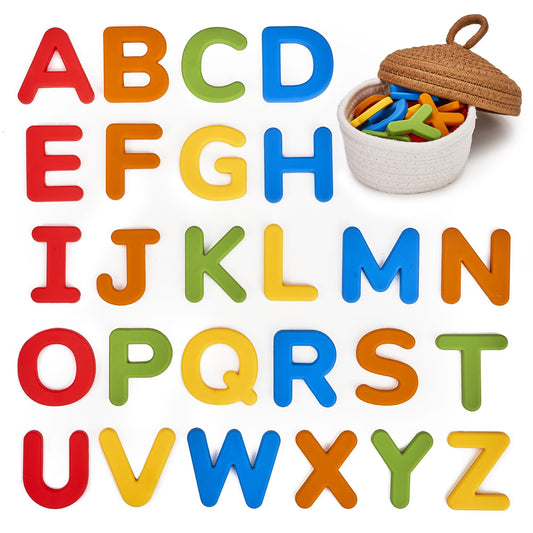 JoyCat silicone alphabet magnets on fridge help kids discover letters A to Z.