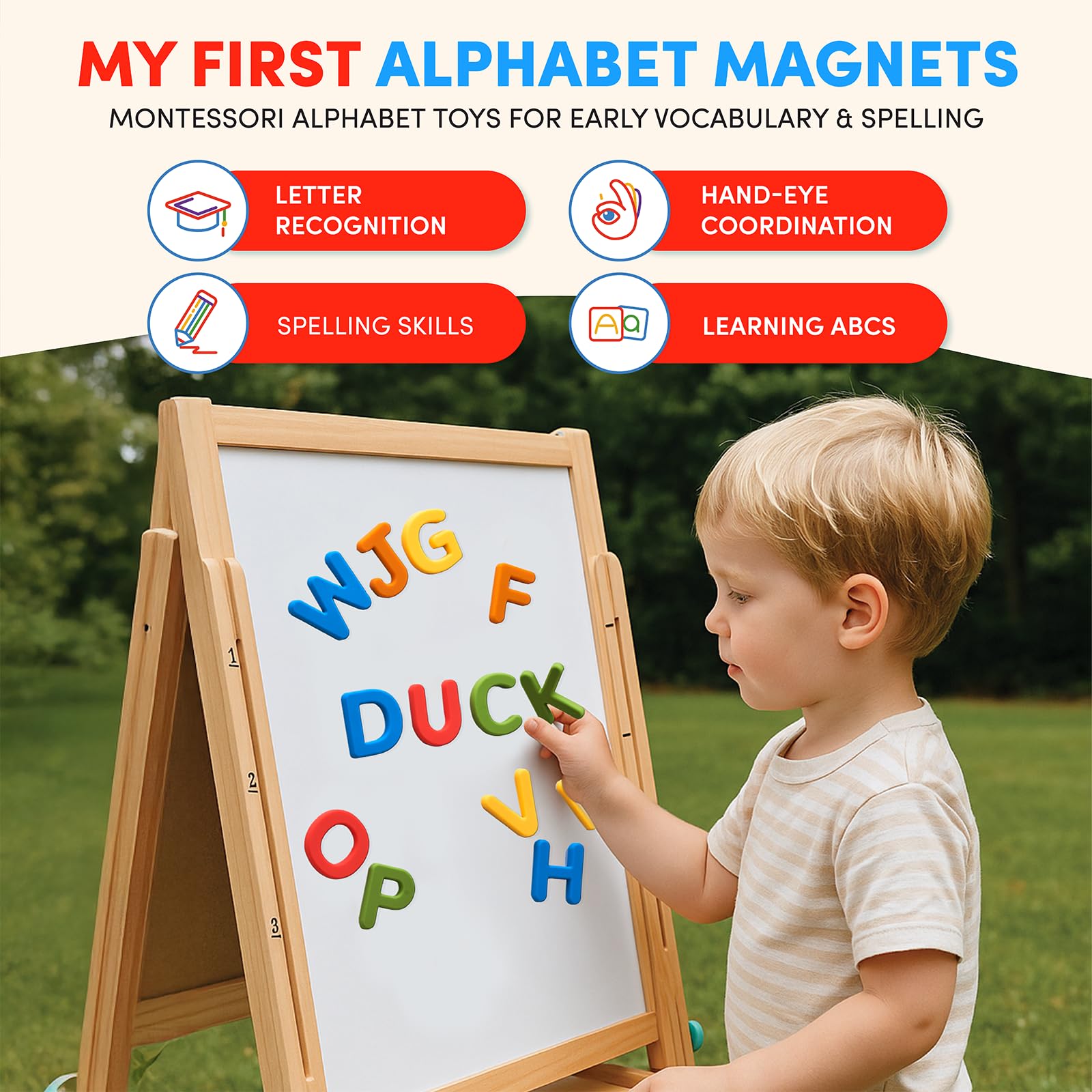 Embedded magnets in JoyCat letters cling securely to metal surfaces.