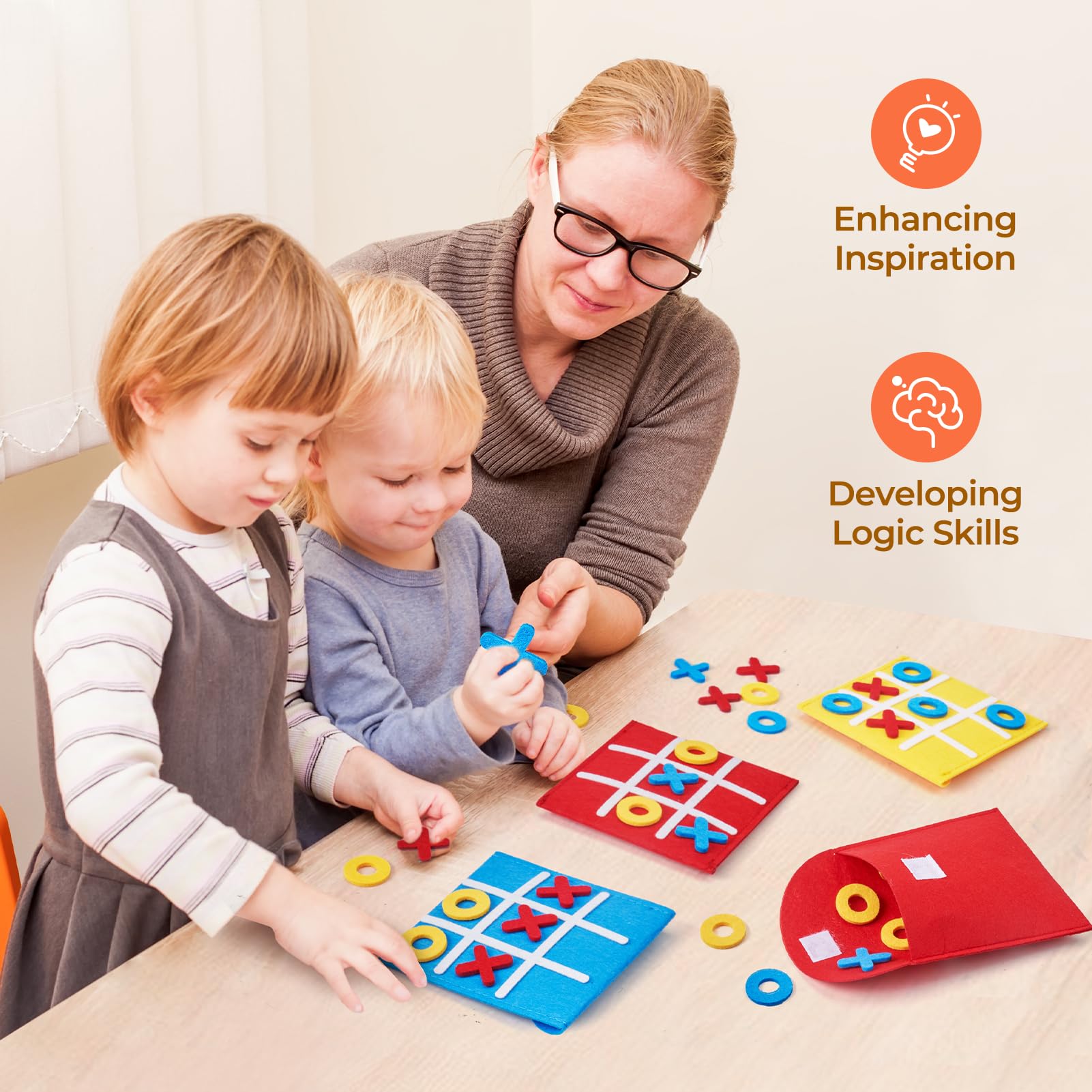 JoyCat Tic Tac Toe soft felt material offers durable, comfortable play surfaces.
