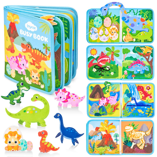 JoyCat toddler dinosaur busy book cover, compact travel companion for quiet play