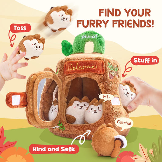 JoyCat treehouse with rattle squirrels promotes engaging auditory play.