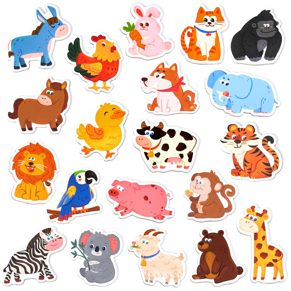 JoyCat wooden fridge magnets—20 animals display for imaginative play and early animal recognition.