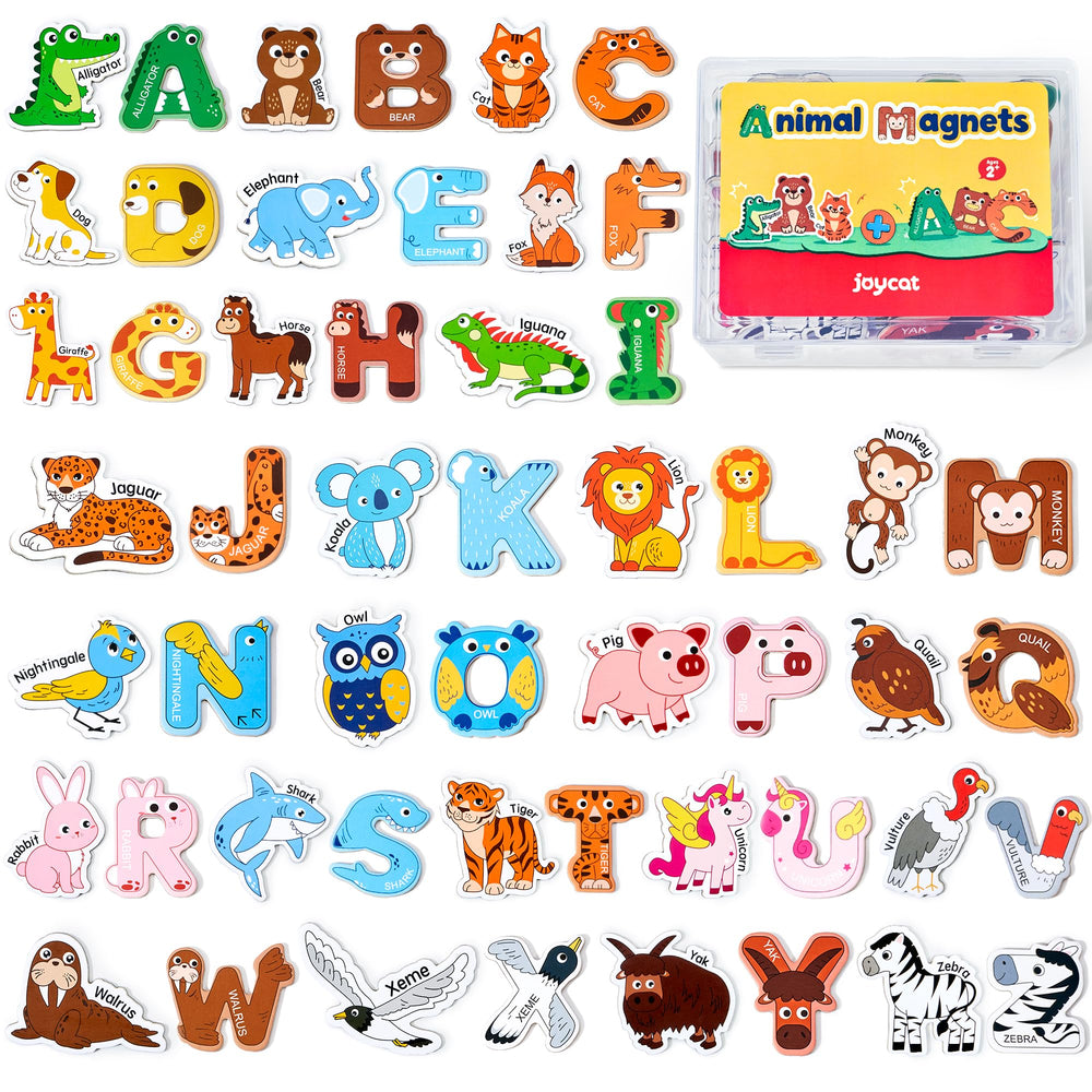 JoyCat wooden fridge magnets featuring animals and letters for interactive learning.