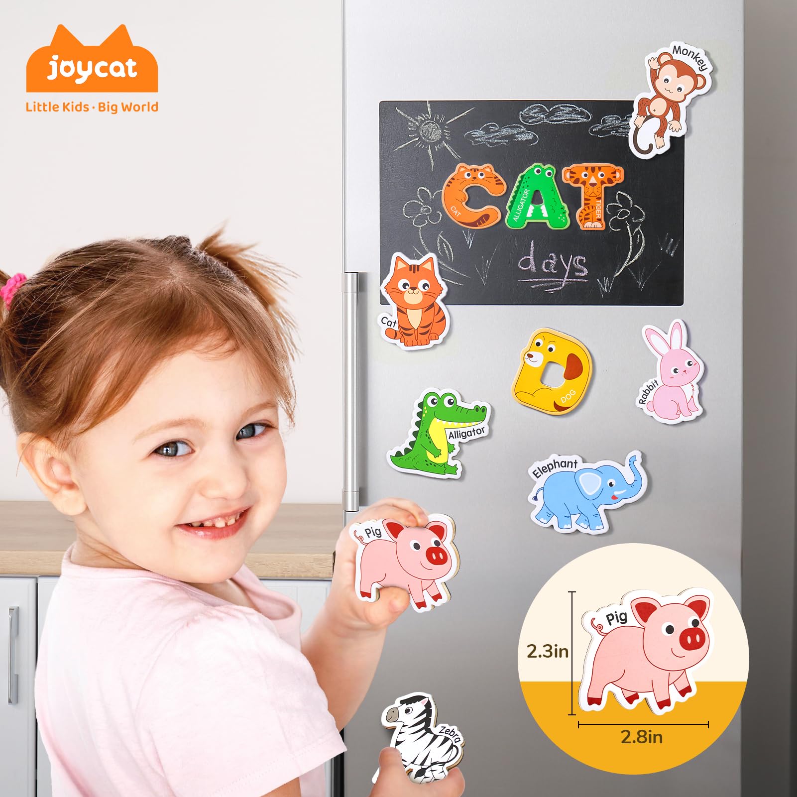 JoyCat magnets with rounded edges for safe toddler handling.