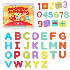 JoyCat wooden letters on the fridge support early literacy and color sorting.