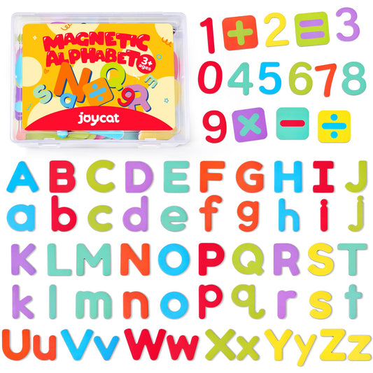 JoyCat wooden magnetic set on fridge for interactive literacy and math play