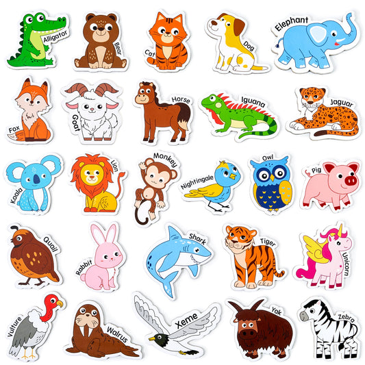 JoyCat wooden magnets 26-animal-fridge-set on fridge promotes playful animal name recognition.