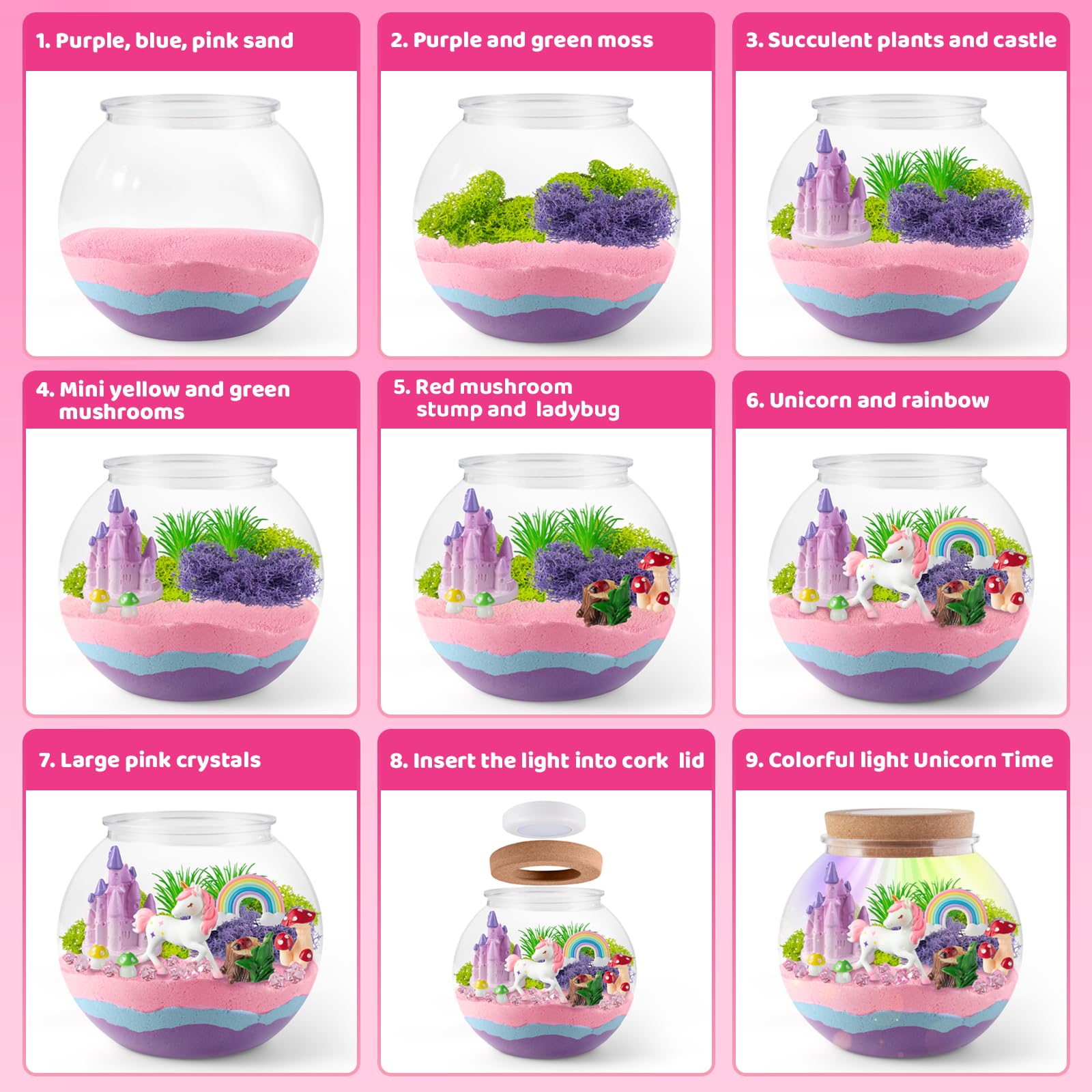 JOYEEMAX unicorn castle rainbow mushrooms scene inspires creative, whimsical pretend play.