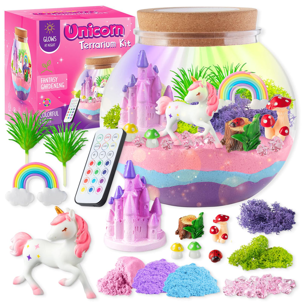 JOYEEMAX unicorn light terrarium kit showcases a glowing unicorn garden for imaginative play.