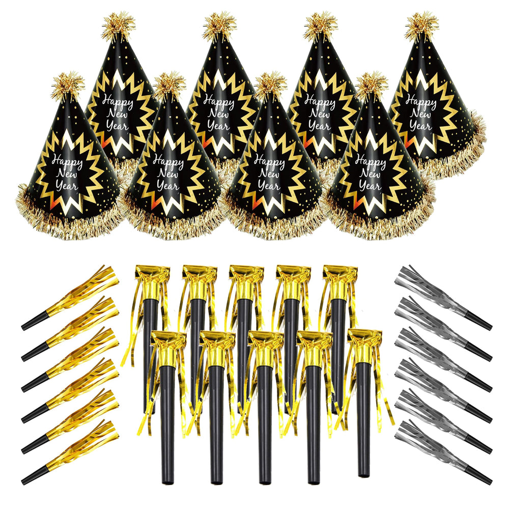 JOYEONDEF Happy New Year cone hat in black gold, perfect for festive photos.