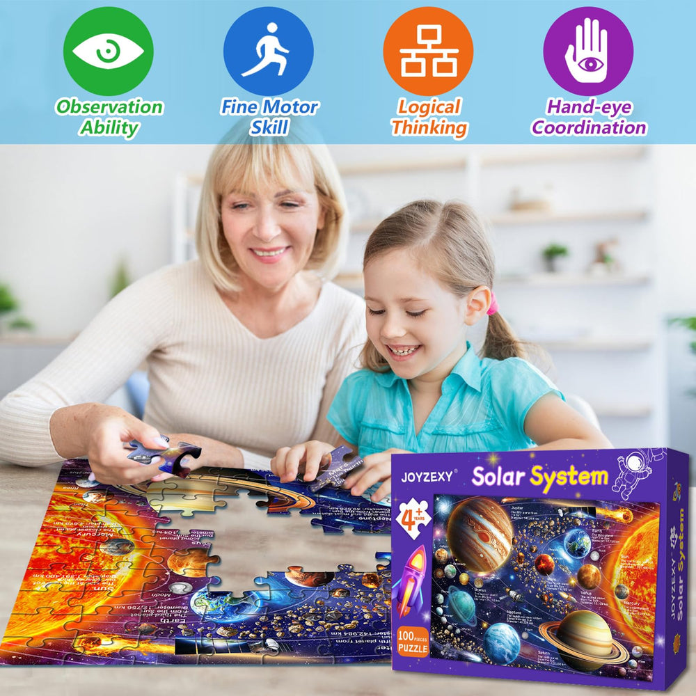 JOYZEXY solar-system puzzle pieces close-up showing durable, non-toxic bits for safe play.