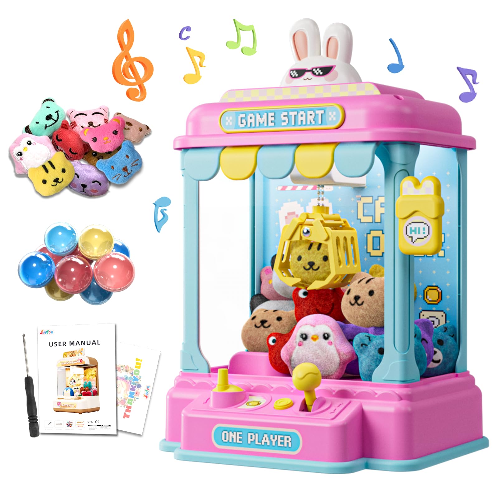 Joyfox mini claw machine shows a pixel rabbit design for vibrant playtime and imaginative play for kids 3+