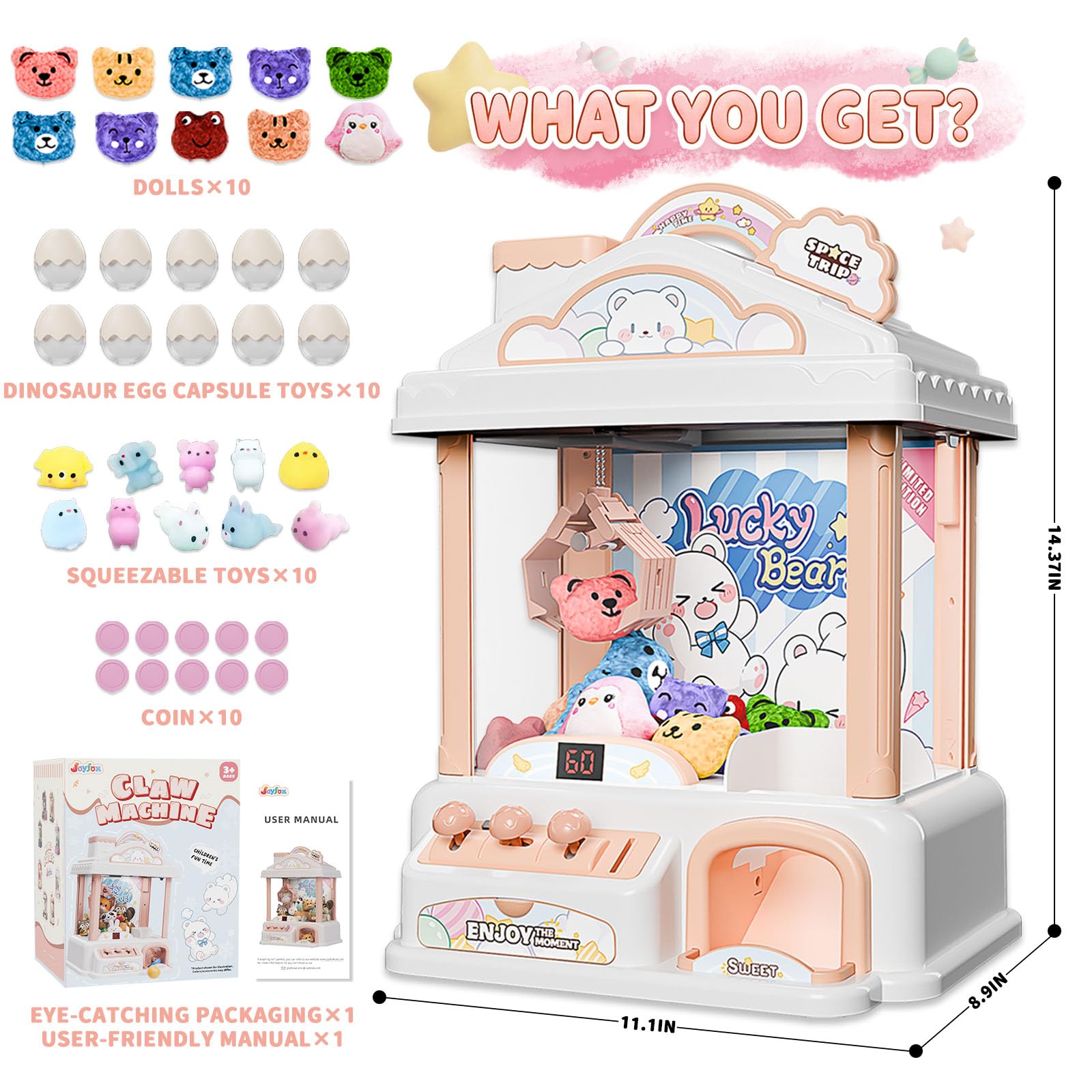 Joyfox Snow Hut Mini Claw Machine arcade controls demonstrate arcade-style play at home.