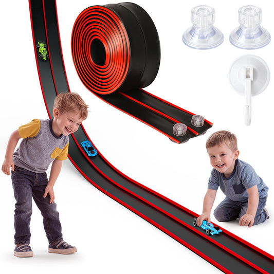 Joyfresh Flex Track 15ft setup shows quick, tool-free race creation with suction cups.