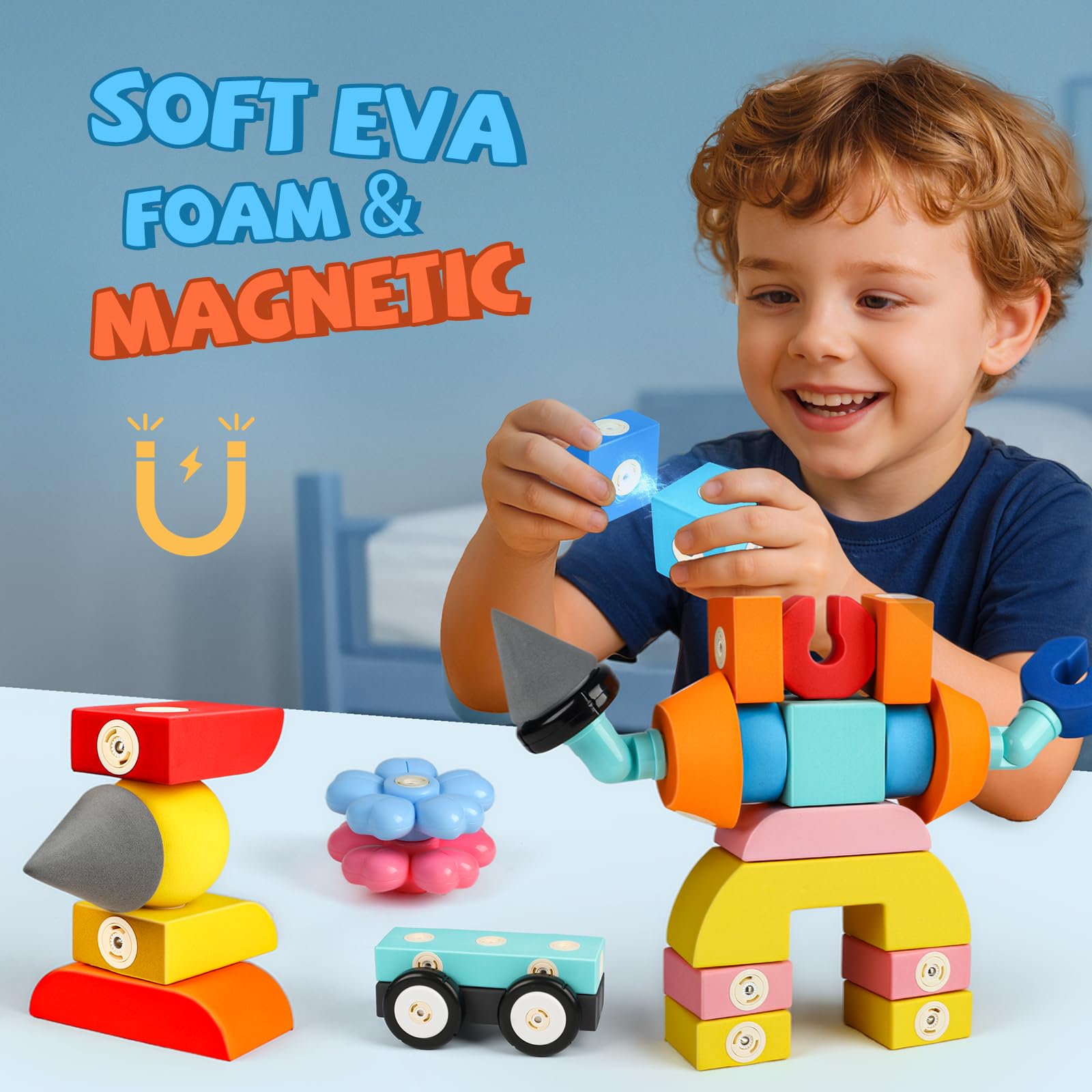 Joyfresh foam magnetic blocks 360° rotation magnets enable interactive play and spatial awareness.