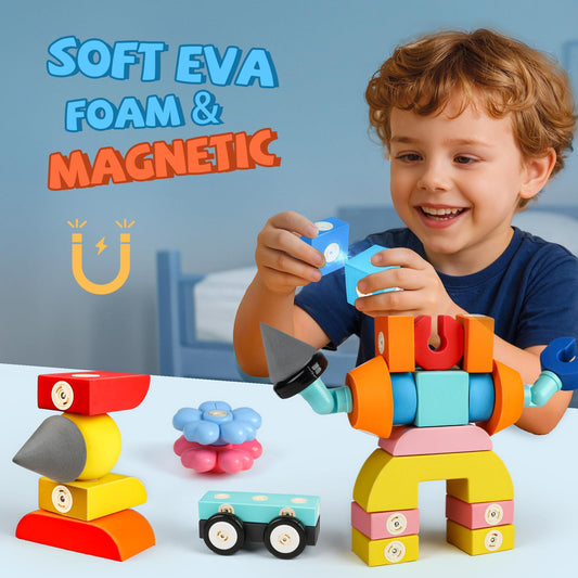 Joyfresh foam magnetic blocks 360° rotation magnets enable interactive play and spatial awareness.
