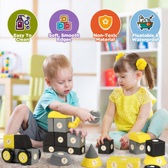 Bright, varied shapes and colors of Joyfresh blocks encourage imaginative building.