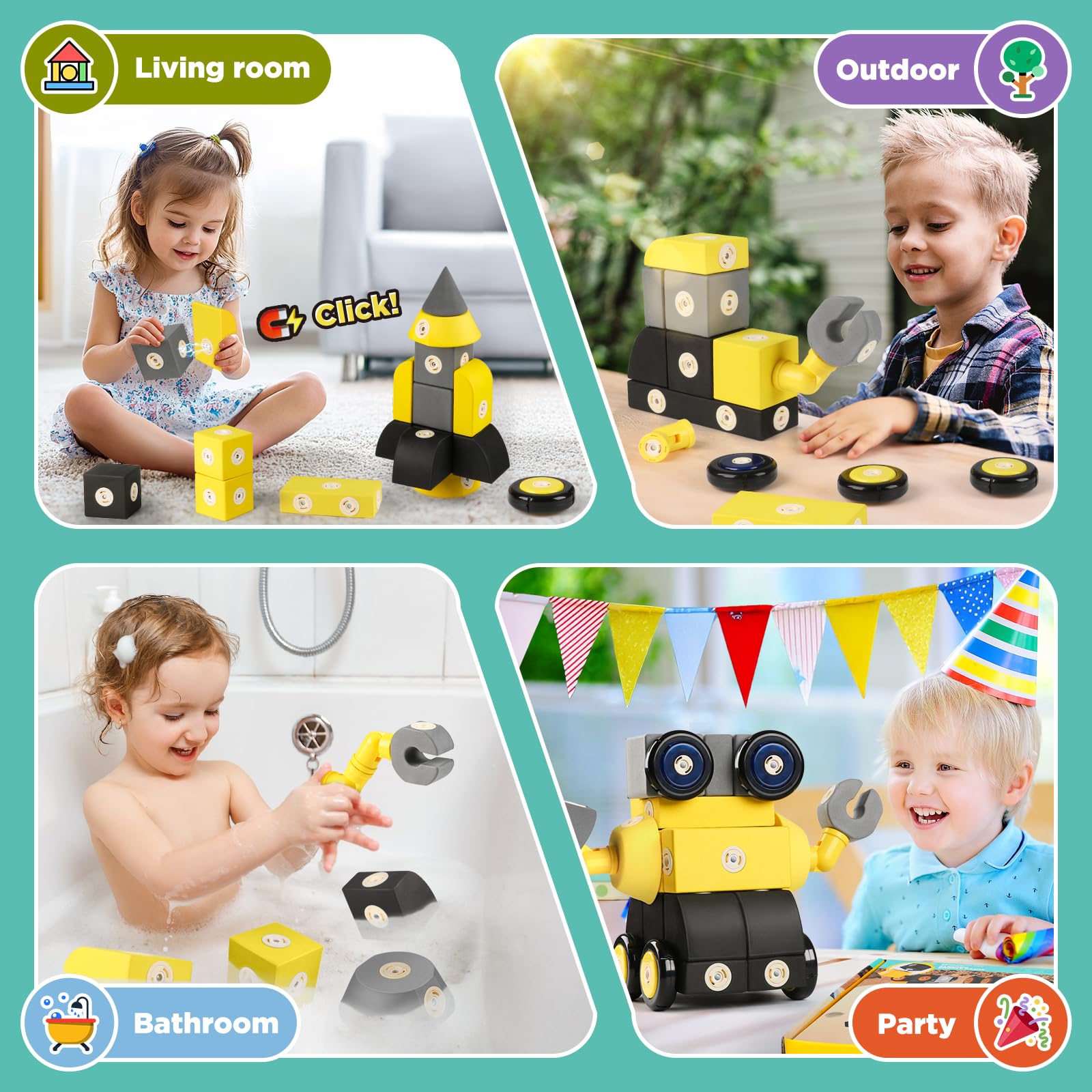 Kids enjoy the 360-degree rotation and magnetic connections in Joyfresh blocks.
