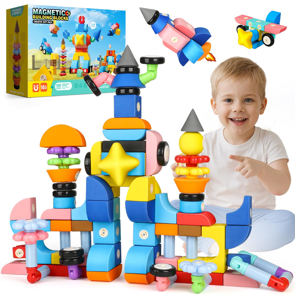 Joyfresh foam magnetic blocks set with colorful pieces for toddlers' imaginative building and fine motor skills.