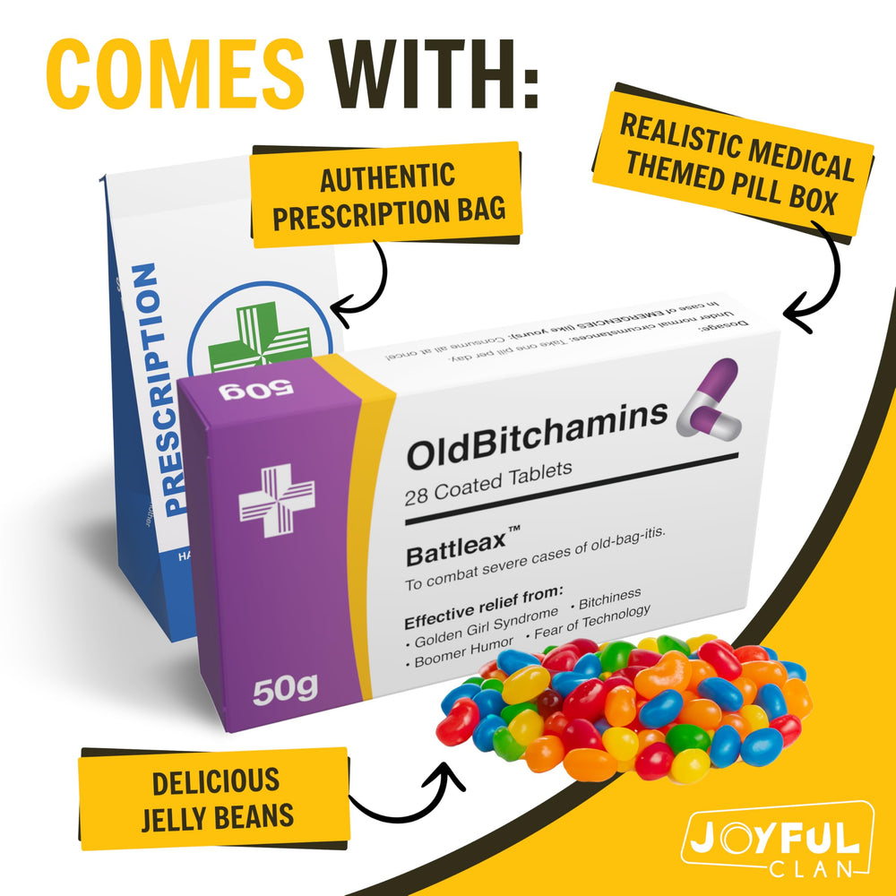 Joyful Clan dosage instructions close-up showcasing witty humor for pranks.