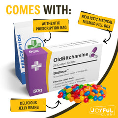 Joyful Clan dosage instructions close-up showcasing witty humor for pranks.