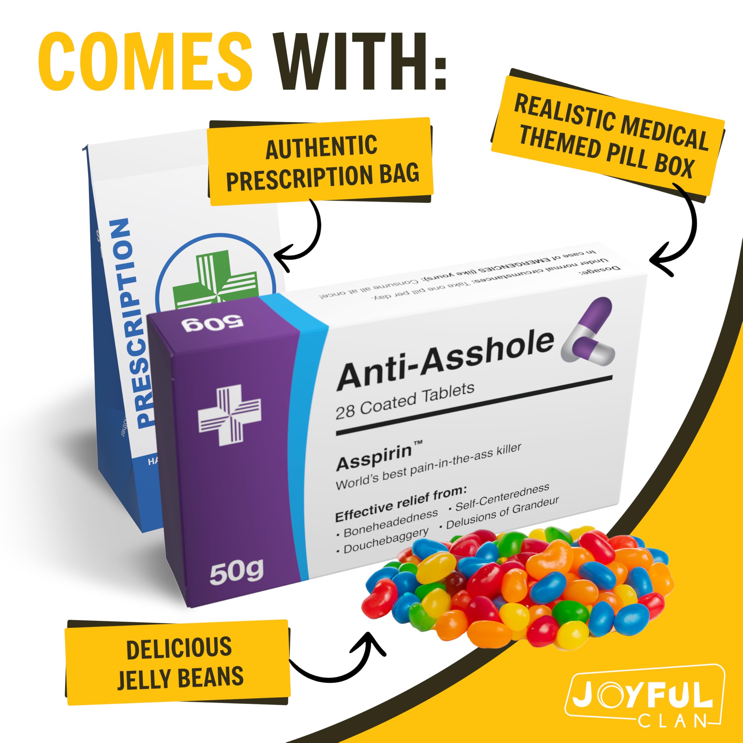 Joyful Clan fruity jelly beans visible inside the prank box.