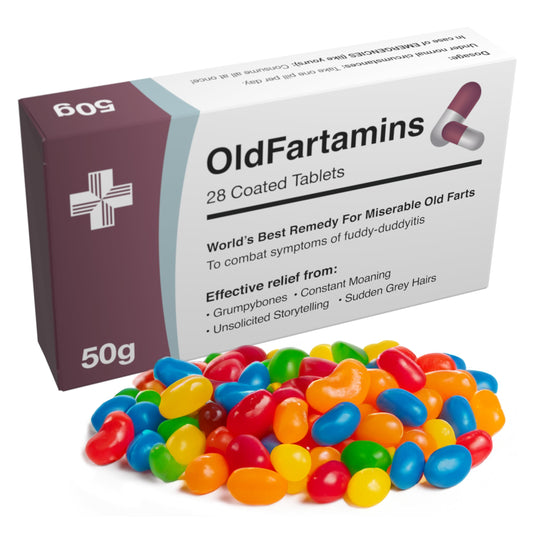 Joyful Clan OldFartamins pill box front view for birthday humor.
