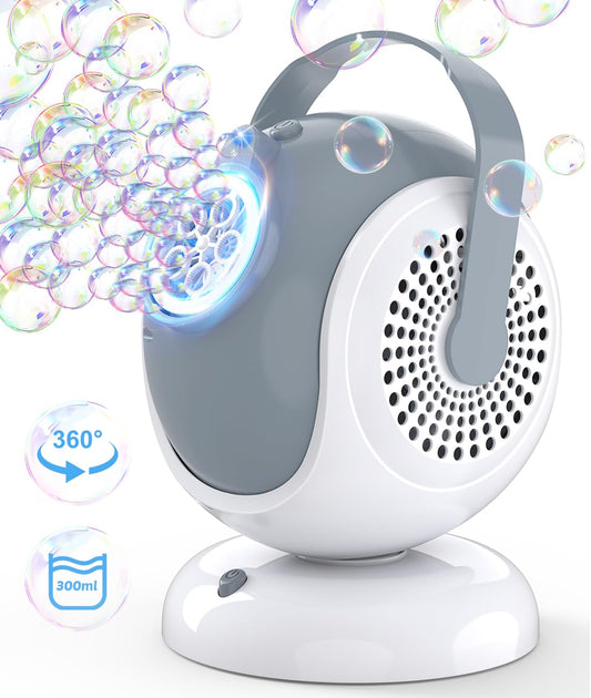 Joyfuture bubble machine demonstrates 360° rotation for wide outdoor bubble coverage.