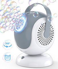 Joyfuture bubble machine demonstrates 360° rotation for wide outdoor bubble coverage.