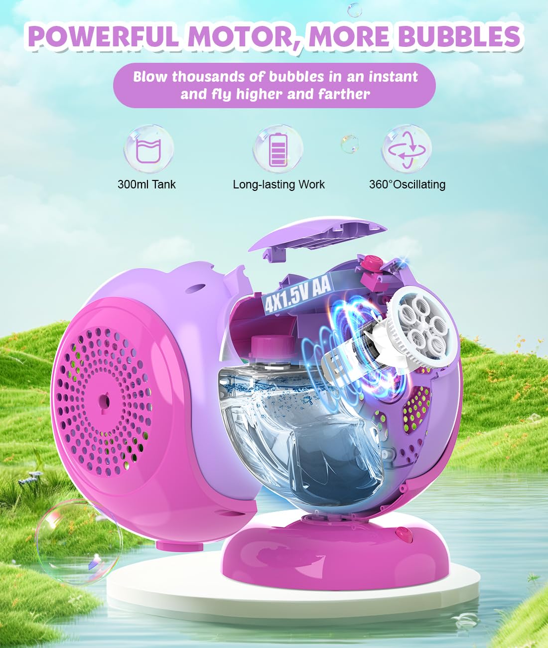 Joyfuture bubble machine 75-degree adjustment directs bubbles at different heights.