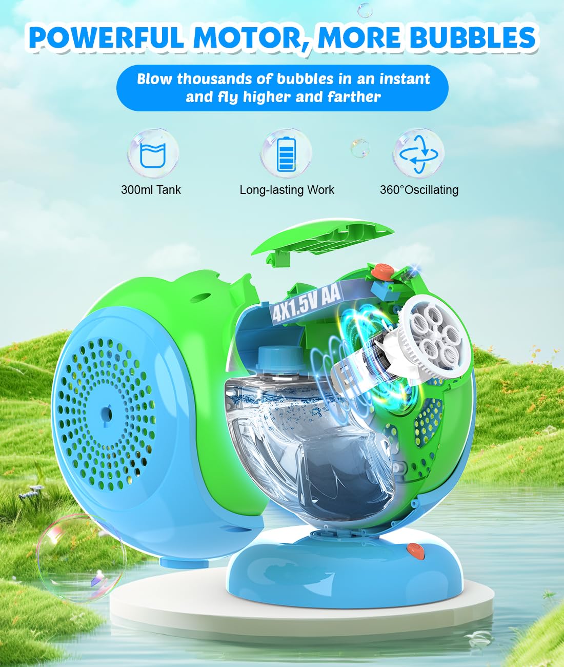 Joyfuture Bubble Machine with 75° adjustment directs bubbles to playing areas.