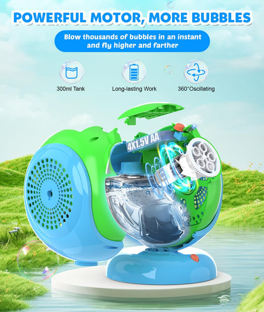 Joyfuture Bubble Machine with 75° adjustment directs bubbles to playing areas.