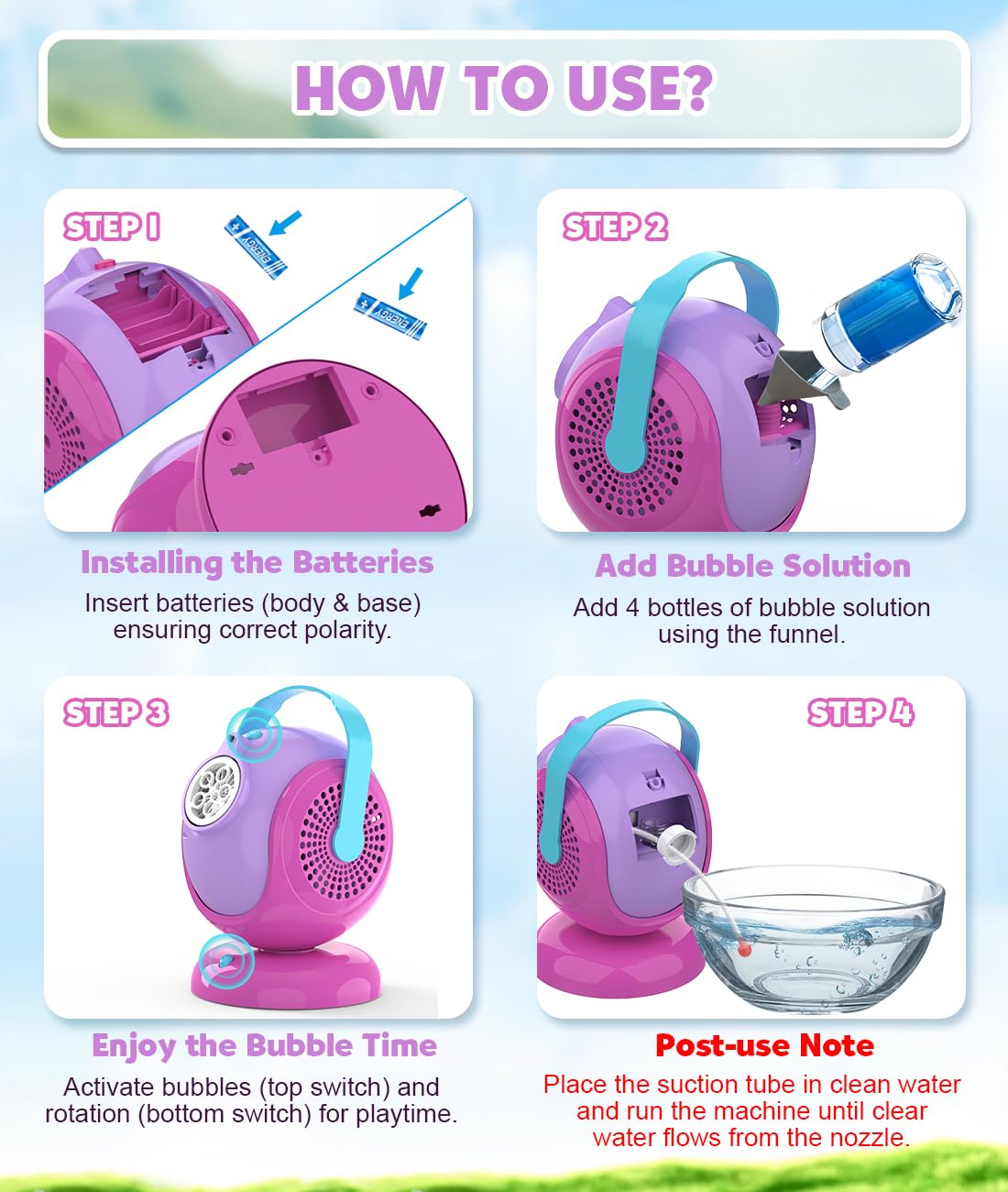 Joyfuture bubble machine in box includes bottles and batteries for quick setup.