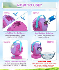 Joyfuture bubble machine in box includes bottles and batteries for quick setup.
