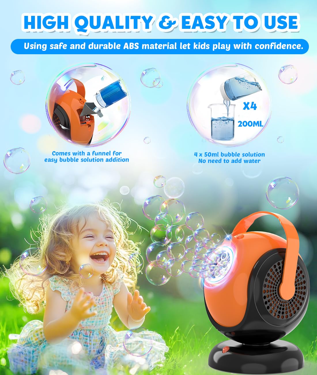 Joyfuture bubble machine portable at about 2 lb for easy transport.