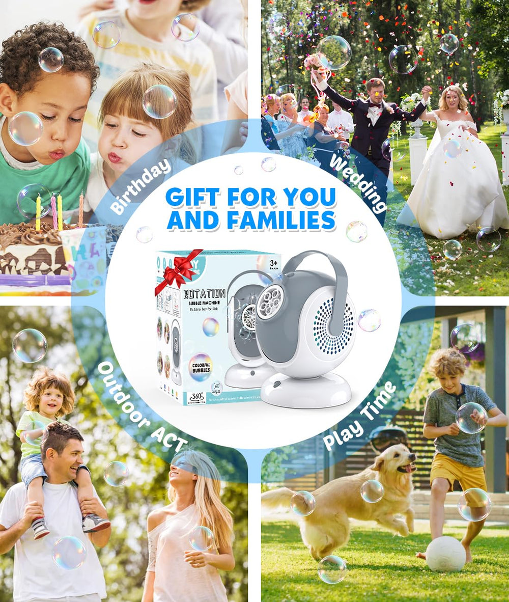 Joyfuture bubble machine package includes batteries and bottles for quick setup.