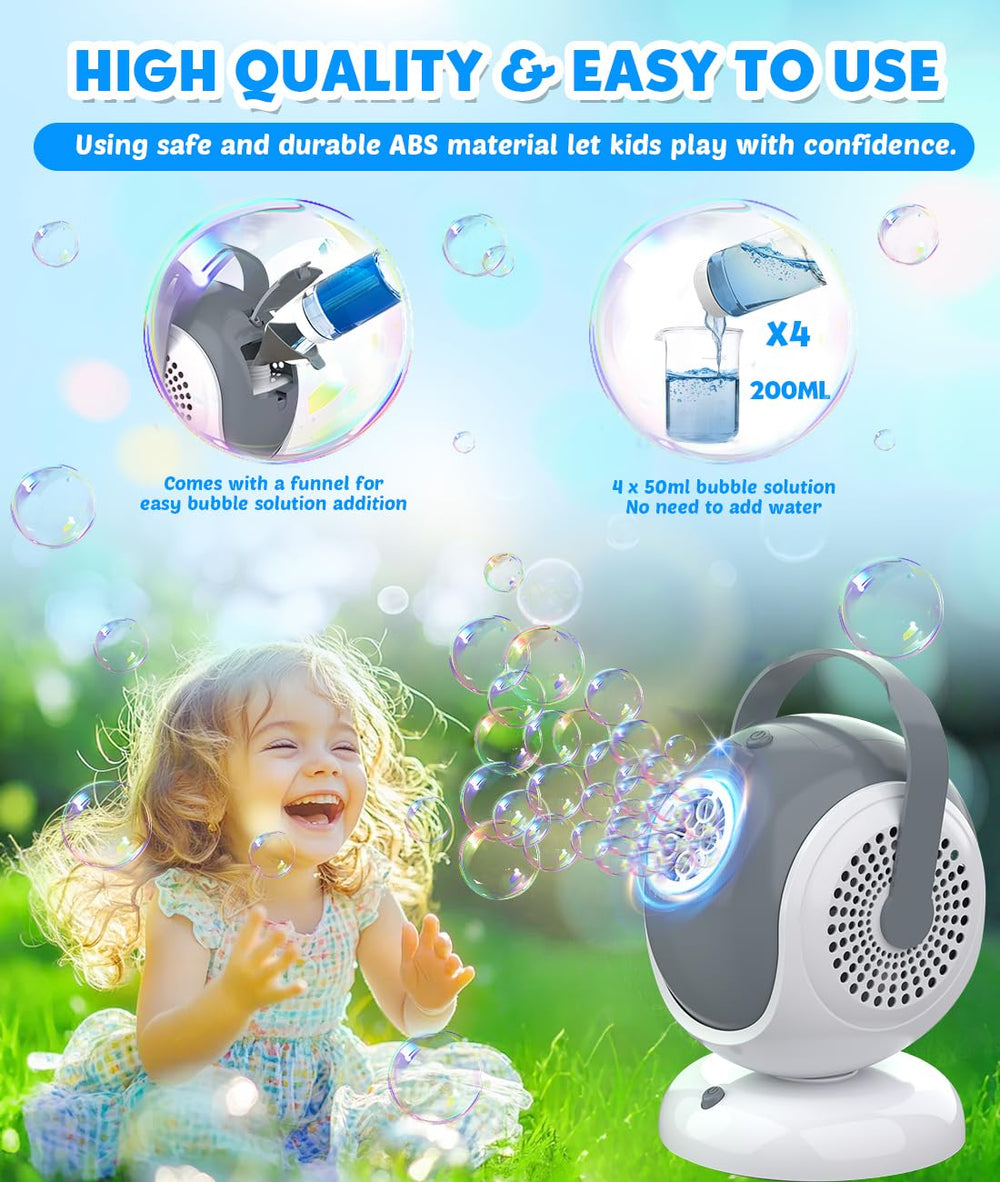 Joyfuture bubble machine features a sealed 300ml solution storage for extended play.