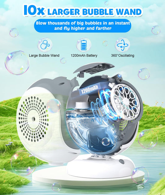 Joyfuture bubble machine tilted at 75 degrees for varied bubble paths.