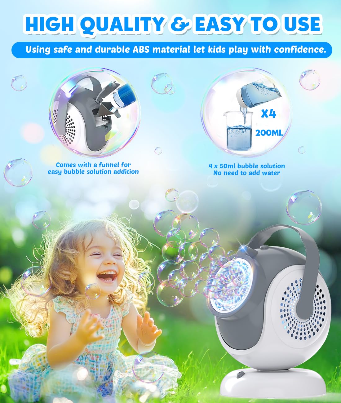 Joyfuture box includes bubble bottles, batteries, USB cable, and funnel.