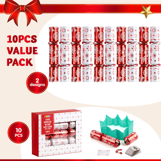 JOYIN 10-pack Christmas no-snap table favor with white snowflakes and hats.