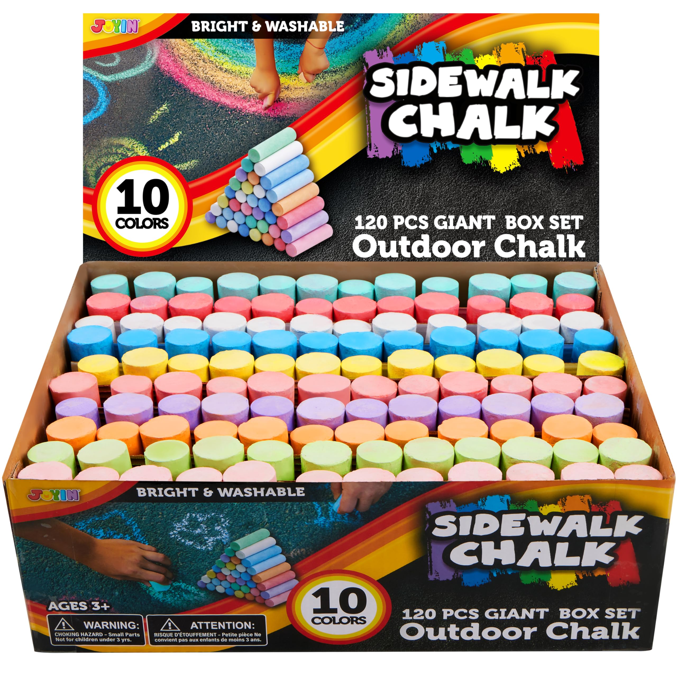 JOYIN 120-piece sidewalk chalks in a giant box for outdoor art projects.