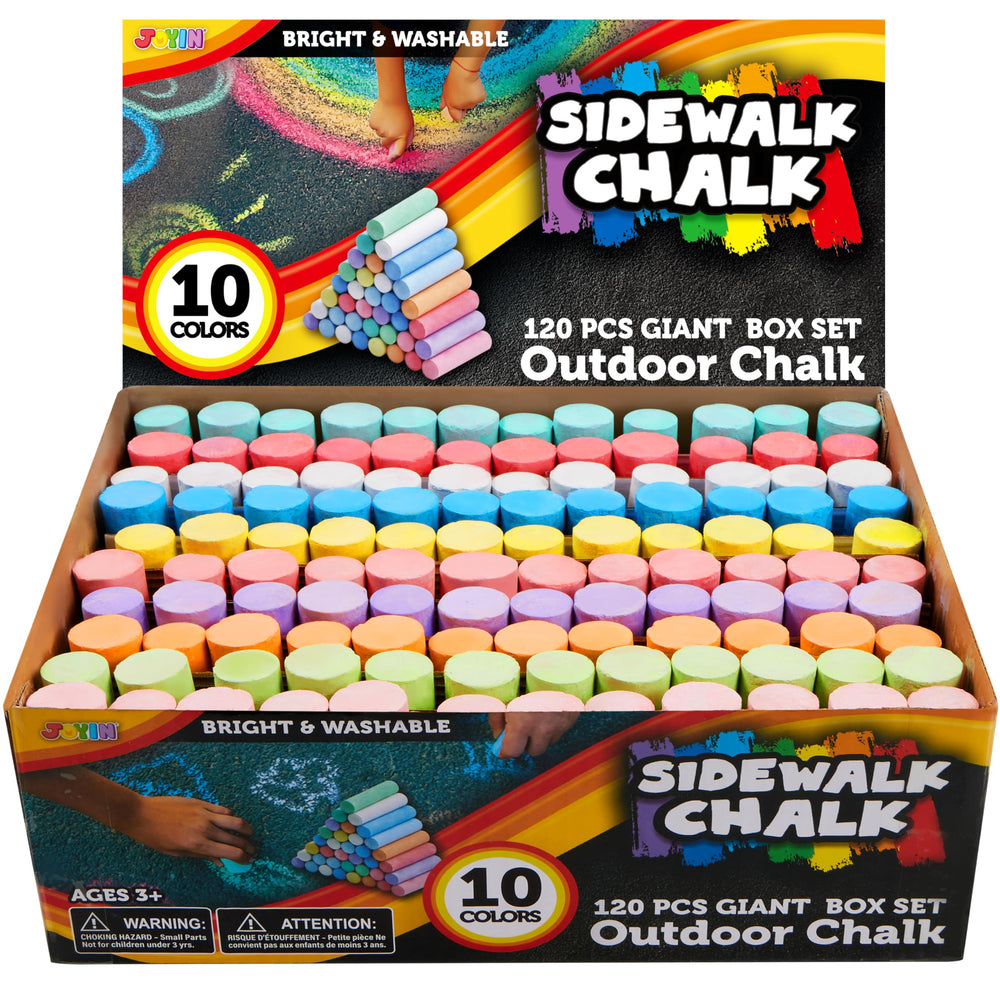JOYIN 120-piece sidewalk chalks in a giant box for outdoor art projects.