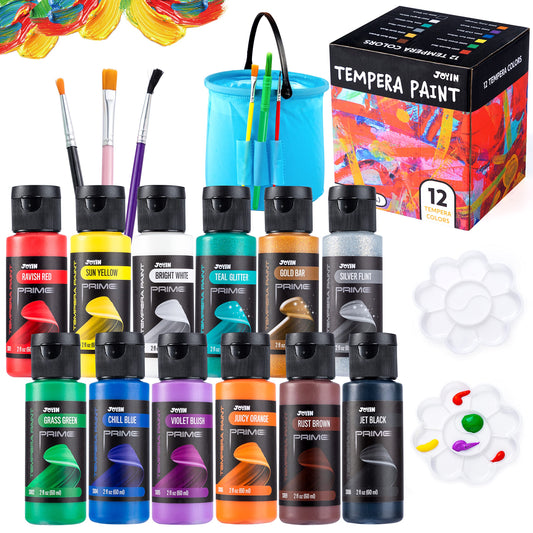 JOYIN 12-piece tempera paint set laid out for color selection and inspiration.