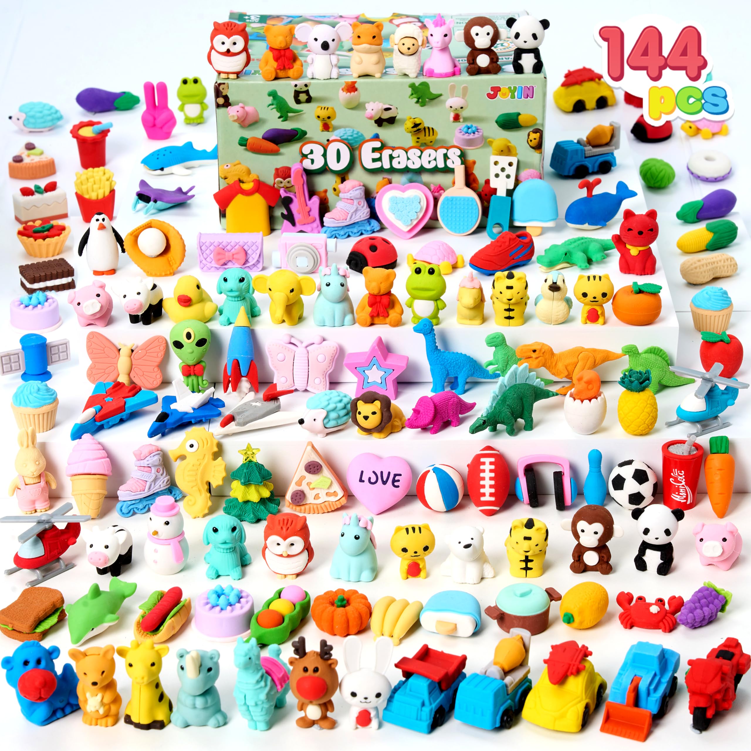 JOYIN 144Pcs Animal Erasers pack—colorful 3D designs for classroom fun and erasing