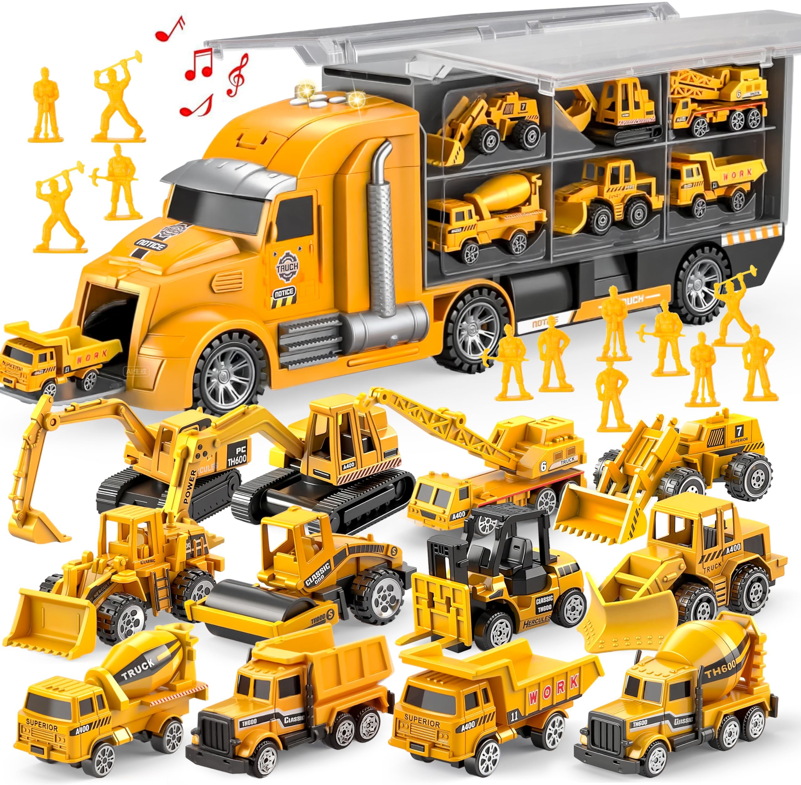 JOYIN 25-in-1 construction truck set with multiple trucks and workers for creative play.